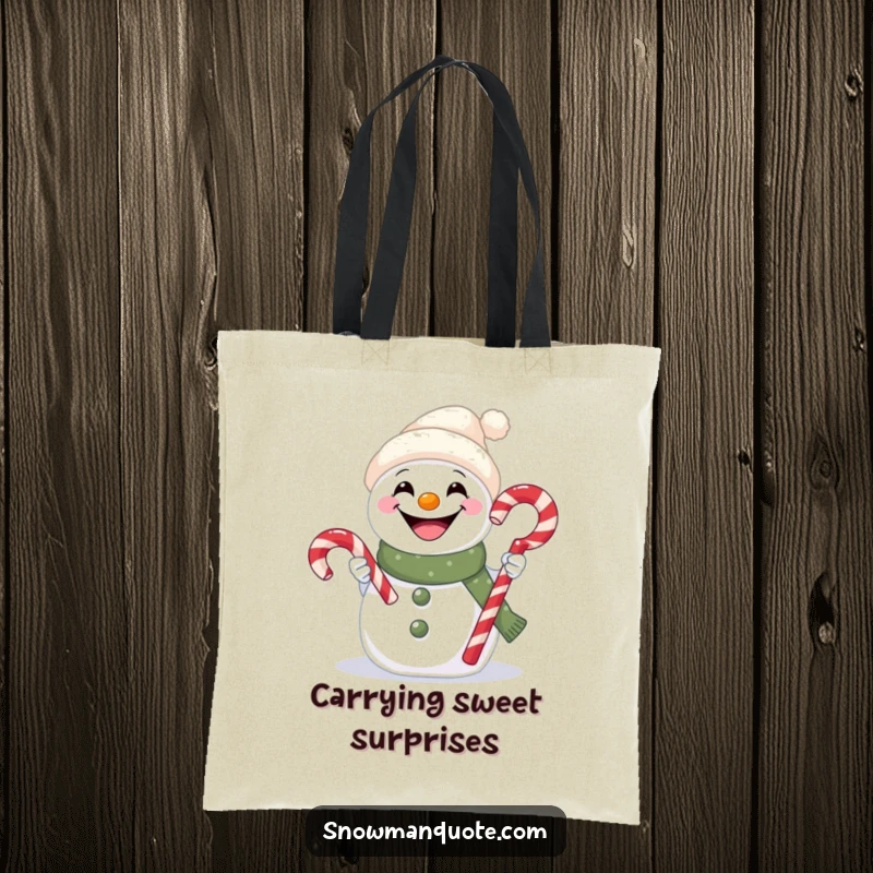Funny tote bag with a grinning snowman extending a festive candy cane, ready to share.