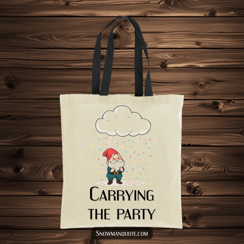 Funny playful cloud showering colorful confetti onto a bewildered garden gnome, a humorous tote bag for carrying everyday items.