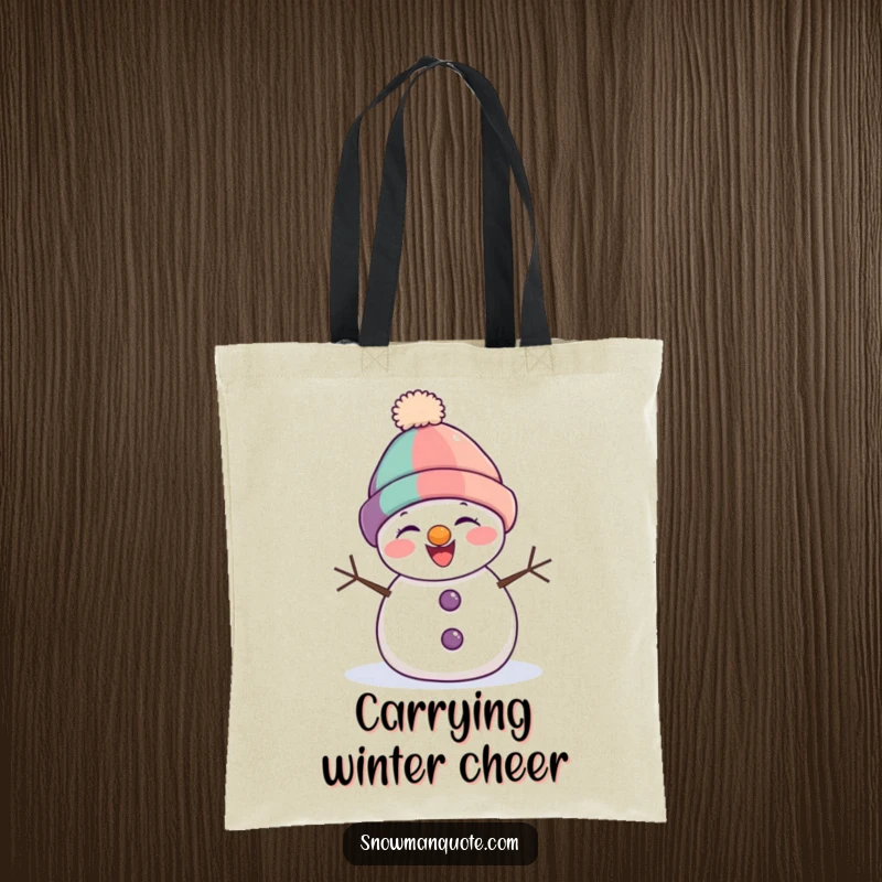Funny snowman tote bag depicting a giggling snowman with a comically lopsided hat, ready for any adventure.