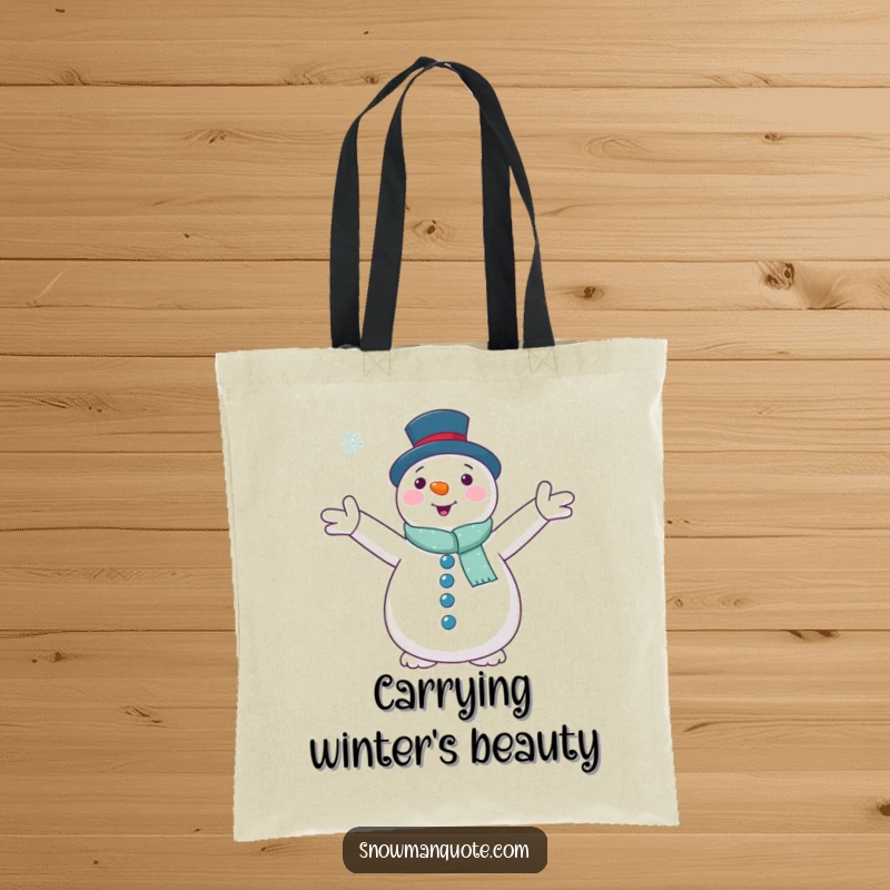 Funny snowman with outstretched arms embracing a falling snowflake, printed on a durable tote bag, symbolizing winter's gentle touch.