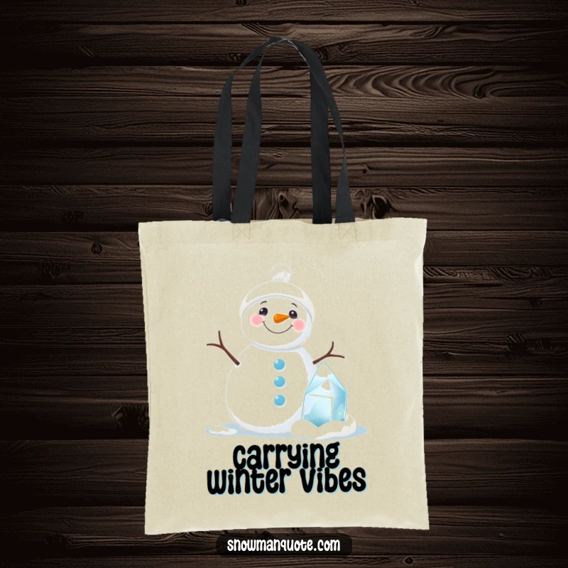Funny snowman tote bag featuring a cheerful snowman and its tiny ice sculpture, great for shopping and errands.