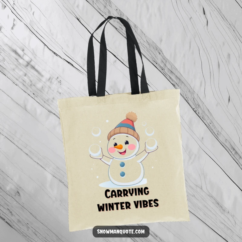 Funny snowman juggling tote bag, smiling with a carrot nose, ready for winter activities, great for a funny gift.