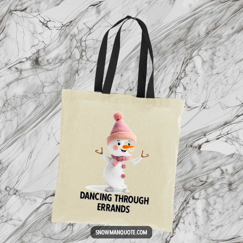 Funny snowman wearing a funny hat, doing a little dance, printed on a durable tote bag, celebrating festive movement.