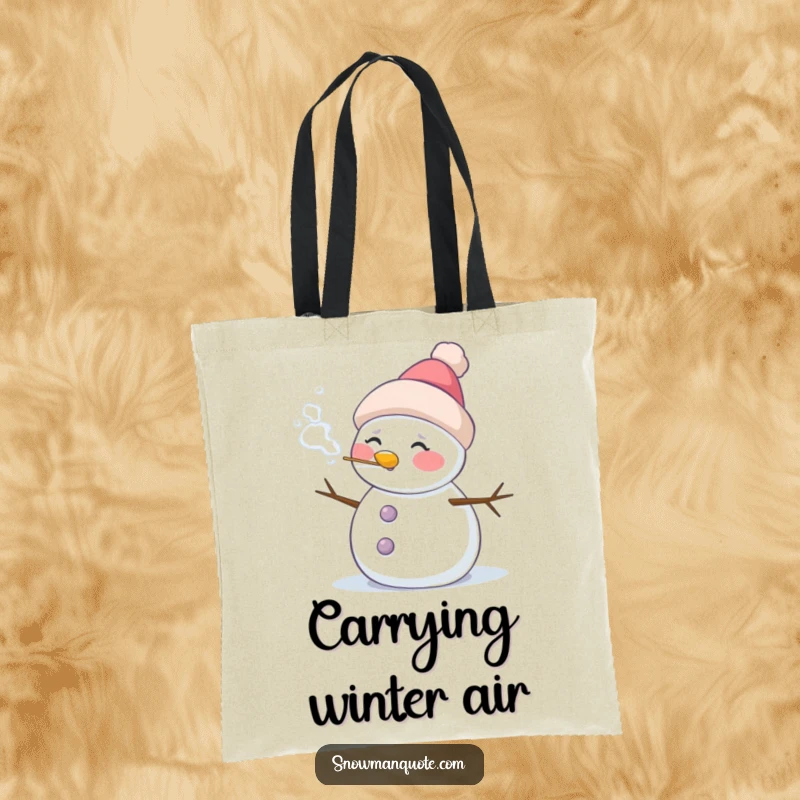 Funny tote bag with a rosy-cheeked snowman exhaling a puff of frosty air, ideal for stylishly carrying essentials.