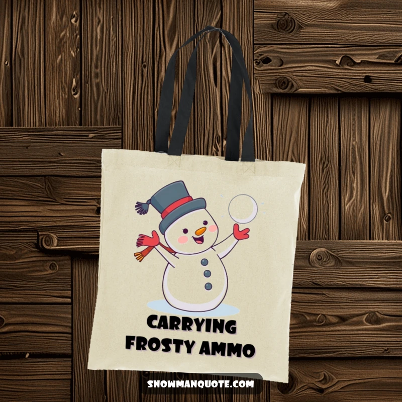 Funny snowman with a grin throwing a snowball, printed on a durable tote bag, capturing the joy of winter.