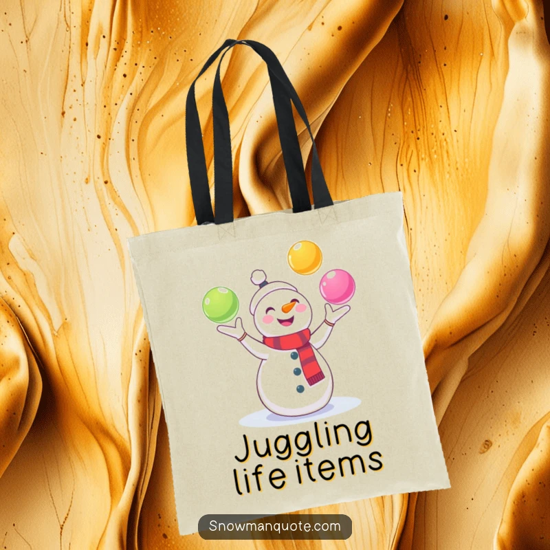 Funny Snowman Tote Bag: A cheerful snowman juggles colorful snowballs, perfect for carrying essentials with personality. A humorous and practical accessory.