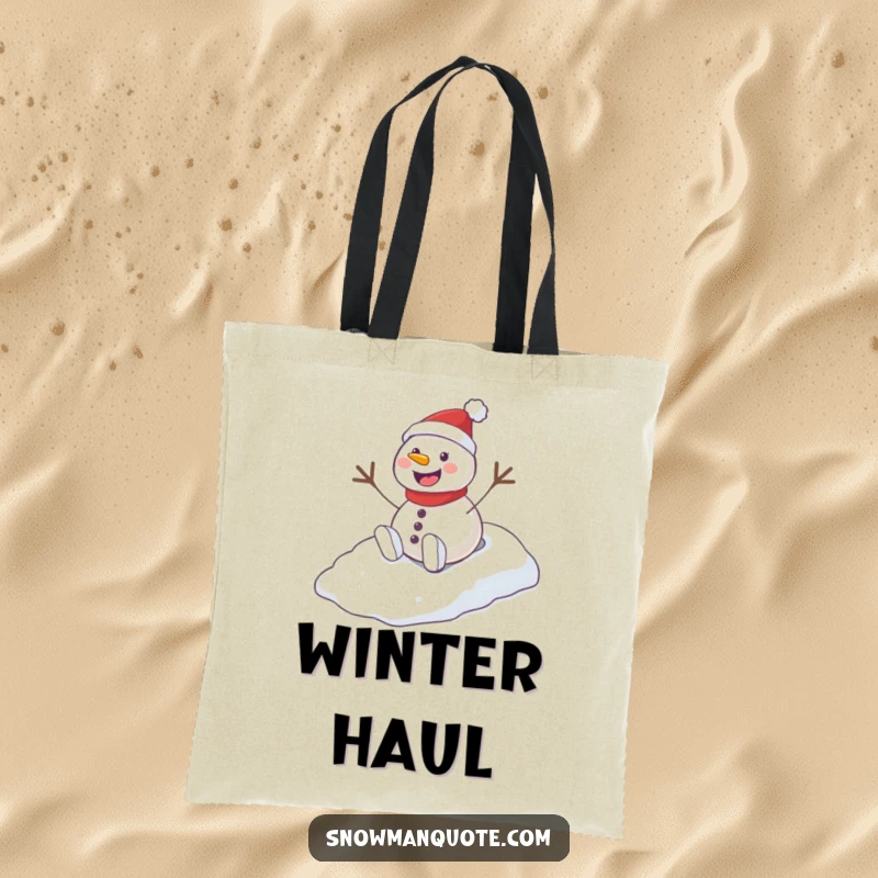 Funny Playful Snowman Hill Tote Bag depicting an excited snowman joyfully sliding down a small, snowy incline.