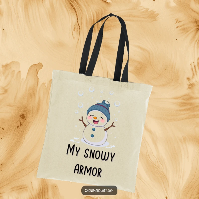 Funny tote bag featuring a giggling snowman showered by snowballs. Perfect for carrying groceries or beach gear, adding a humorous touch.