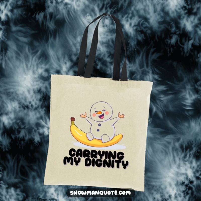 Funny tote bag featuring a snowman comically slipping on a banana peel, perfect for carrying items with winter humor.