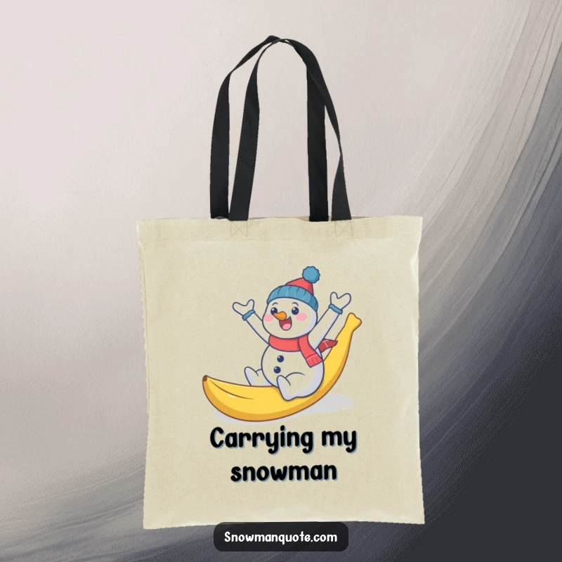 Funny snowman comically slipping on a banana peel, arms flailing, a humorous tote bag for carrying groceries or winter essentials.