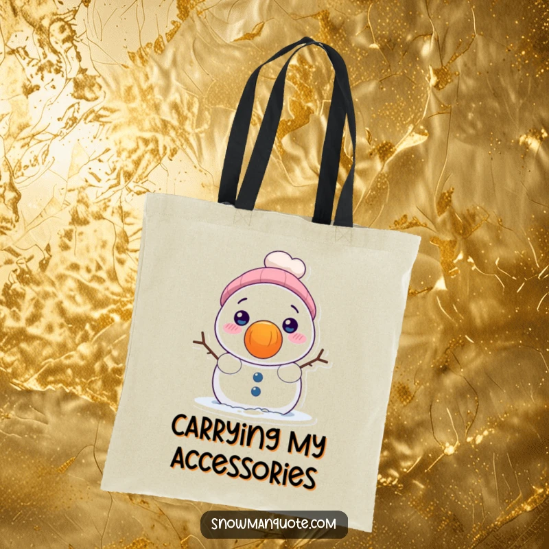Funny tote bag featuring a shy snowman peeking from behind a giant carrot nose, perfect for carrying items with winter charm.