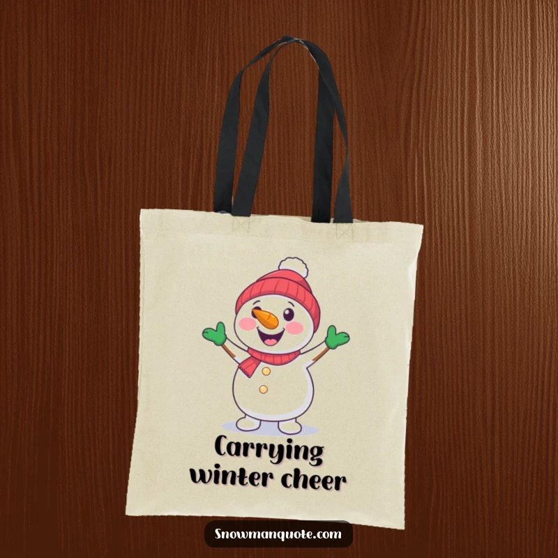 A cheerful snowman with a carrot nose dancing with its arms. A functional tote bag.