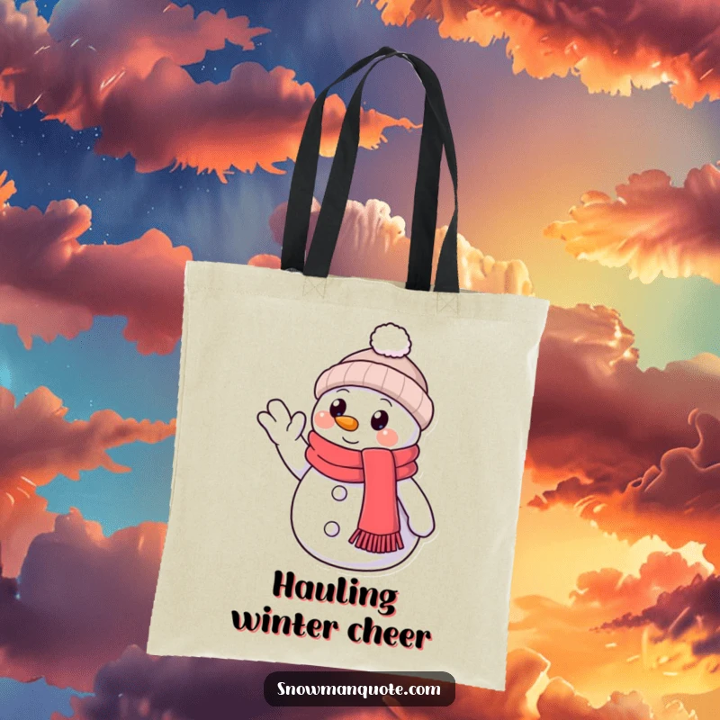 Funny Tote Bag: A snowman with a scarf gives a friendly wave, its button eye beaming warmth and good cheer.
