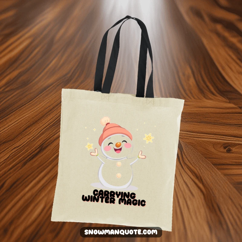 Funny snowman tote bag featuring a smiling snowman juggling glowing snowflakes, its carrot nose adding a charming detail.