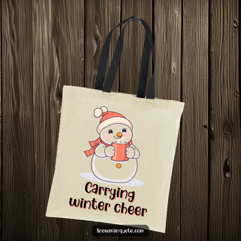 Funny snowman tote bag with a cheerful snowman holding a hot mug, perfect for shopping and winter humor.
