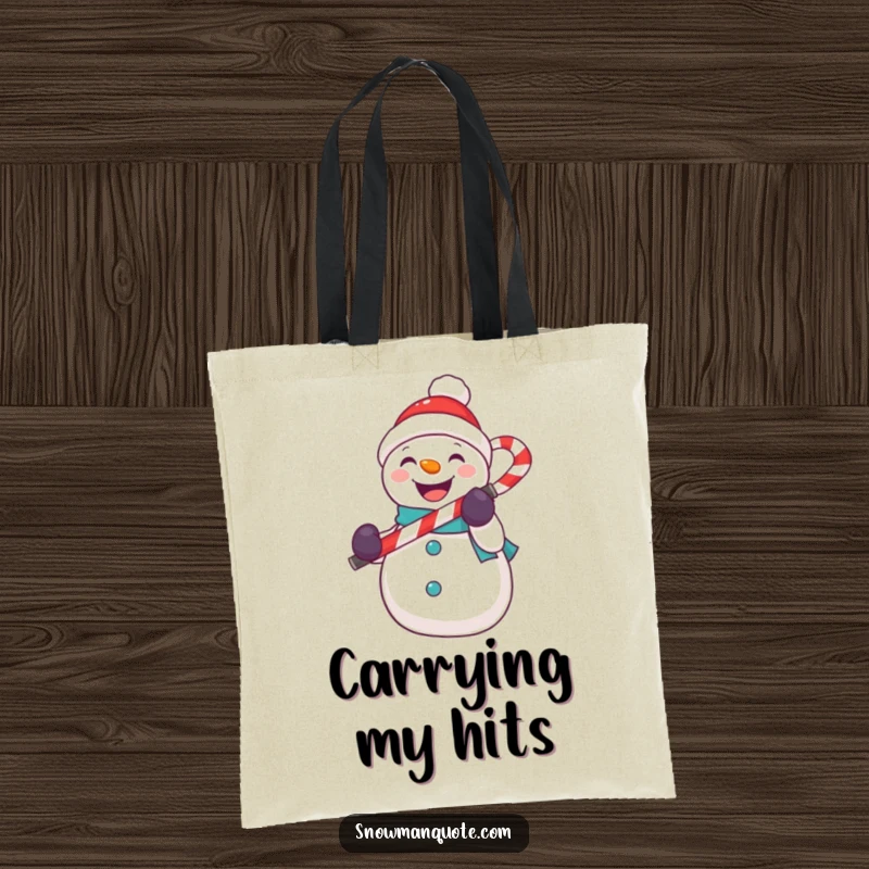 Funny snowman tote bag with a snowman singing into a candy cane microphone, perfect for carrying essentials.