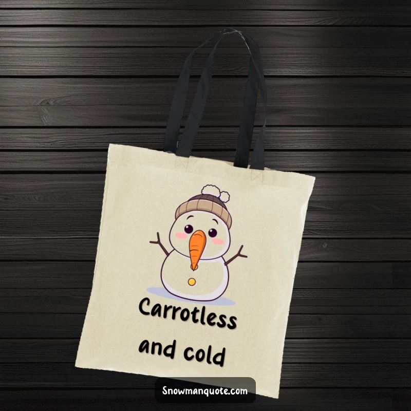 Funny tote bag showcasing a surprised snowman whose carrot nose has detached. It's perfect for market trips or carrying daily essentials with a laugh.