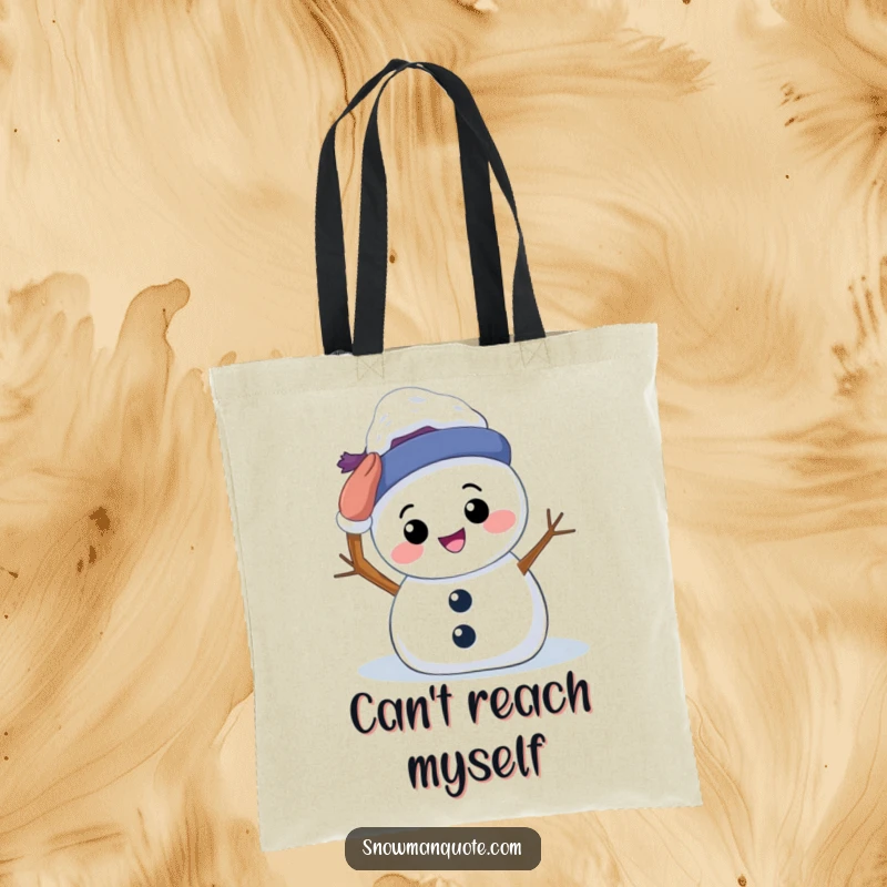 Funny Tote Bag: A smiling snowman attempting to pat its own head, perfect for carrying essentials with a dose of positivity.