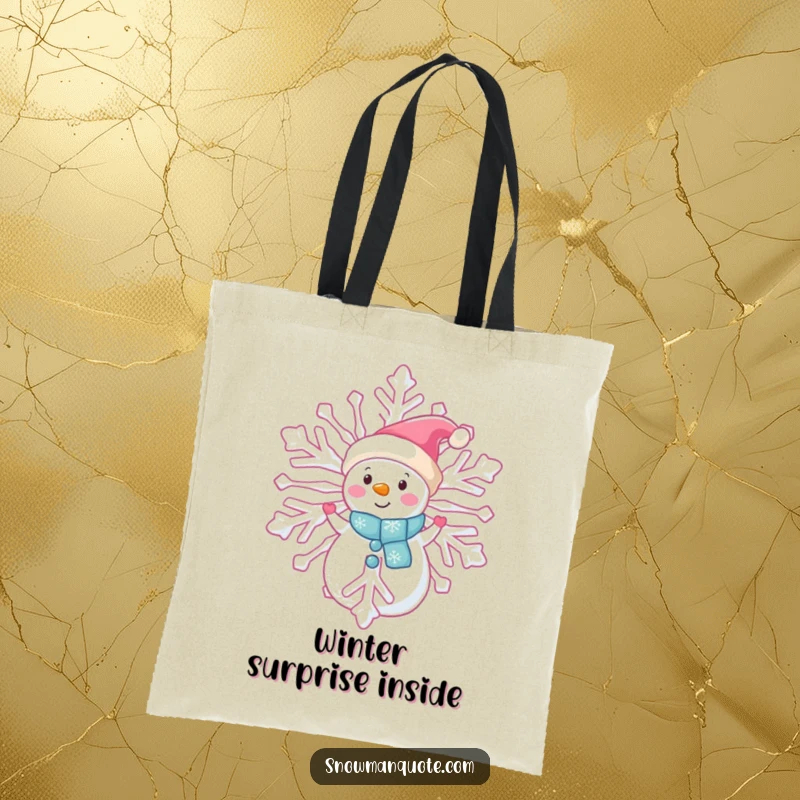 Funny snowman peeking tote bag, shyly observing from behind a giant snowflake, perfect for carrying items with humor, gift.