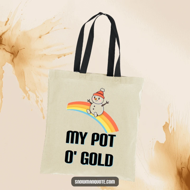 Funny snowman tote bag, happily sliding down a rainbow on a tiny hat, a cheerful and practical accessory.