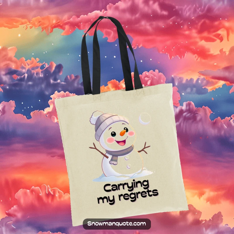 Funny snowman tote bag showing a cheerful snowman watching a snowball roll away, perfect for carrying items with a humorous touch.