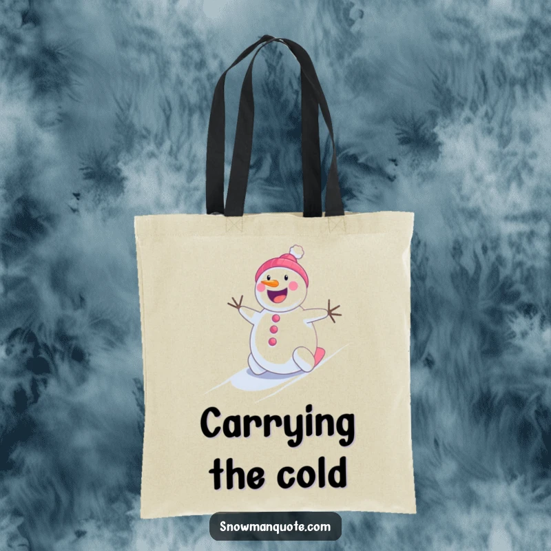 Funny cheerful snowman rolling energetically down a snowy hill, a practical and humorous tote bag.