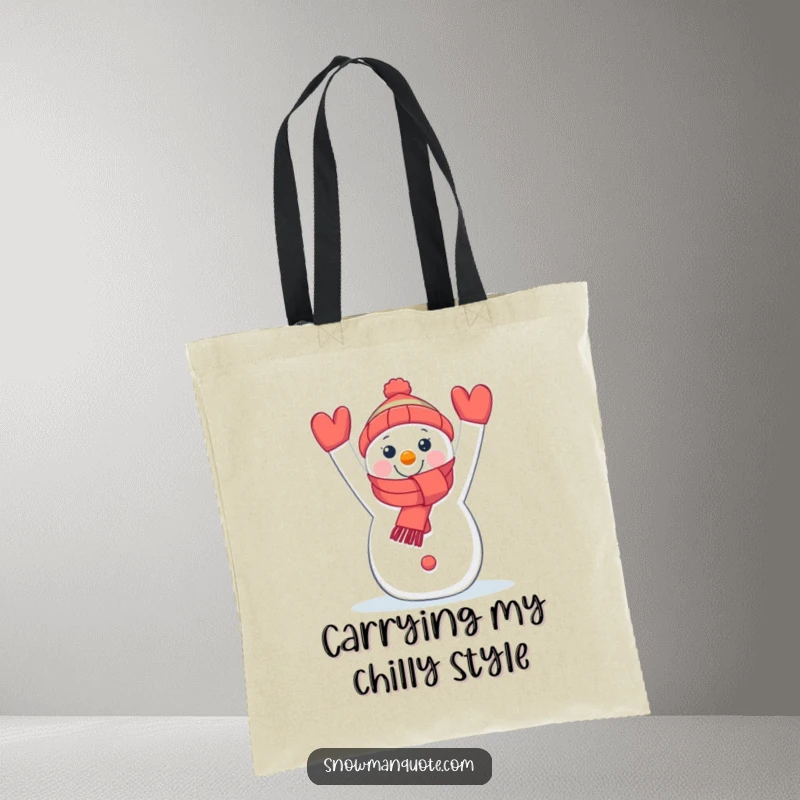 Funny tote bag with a delightful snowman holding aloft a colorful scarf, symbolizing cheerful winter vibes.