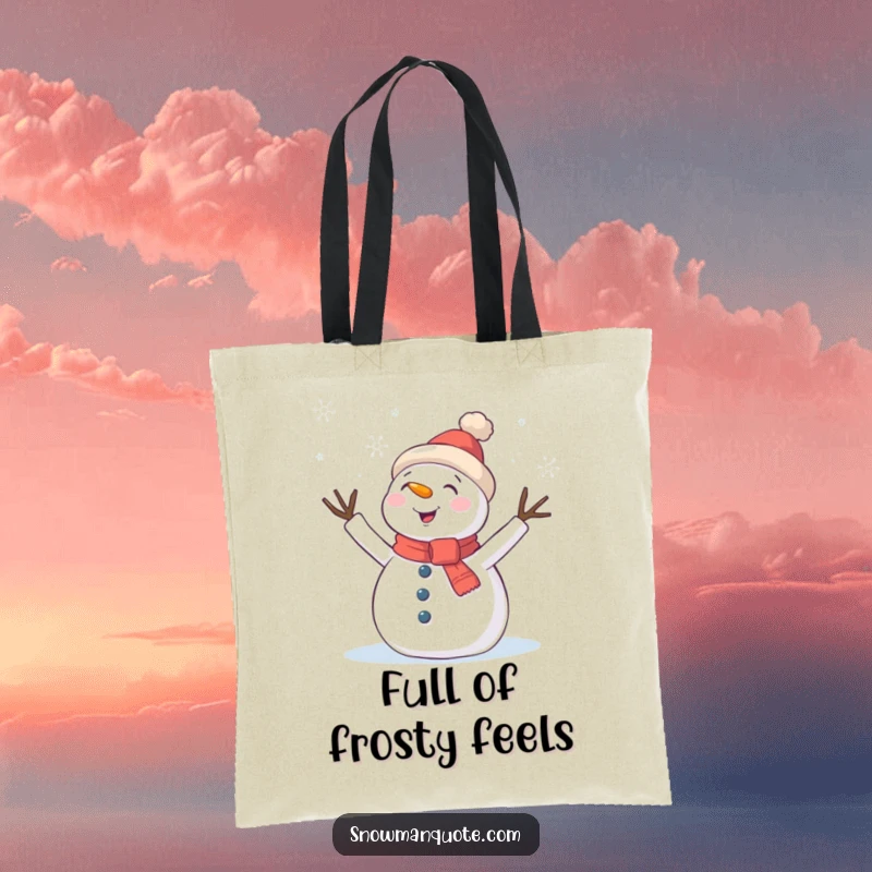 Funny Tote Bag: A snowman with twig arms enthusiastically waves at falling snowflakes, embodying pure winter joy.