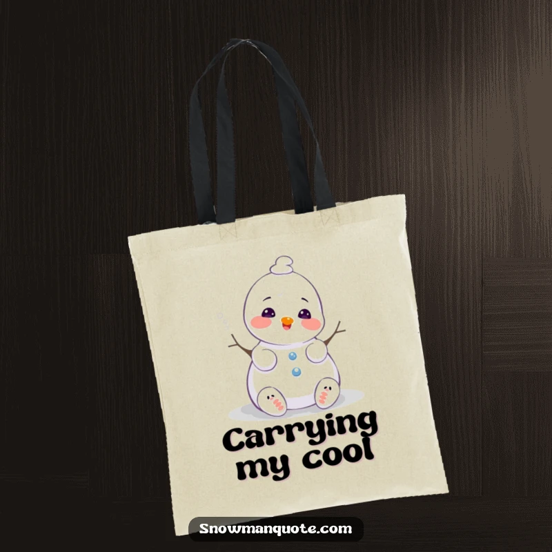 Funny snowman tote bag, melting slightly with a happy sigh, a whimsical and practical accessory for carrying items with winter cheer, a great gift.