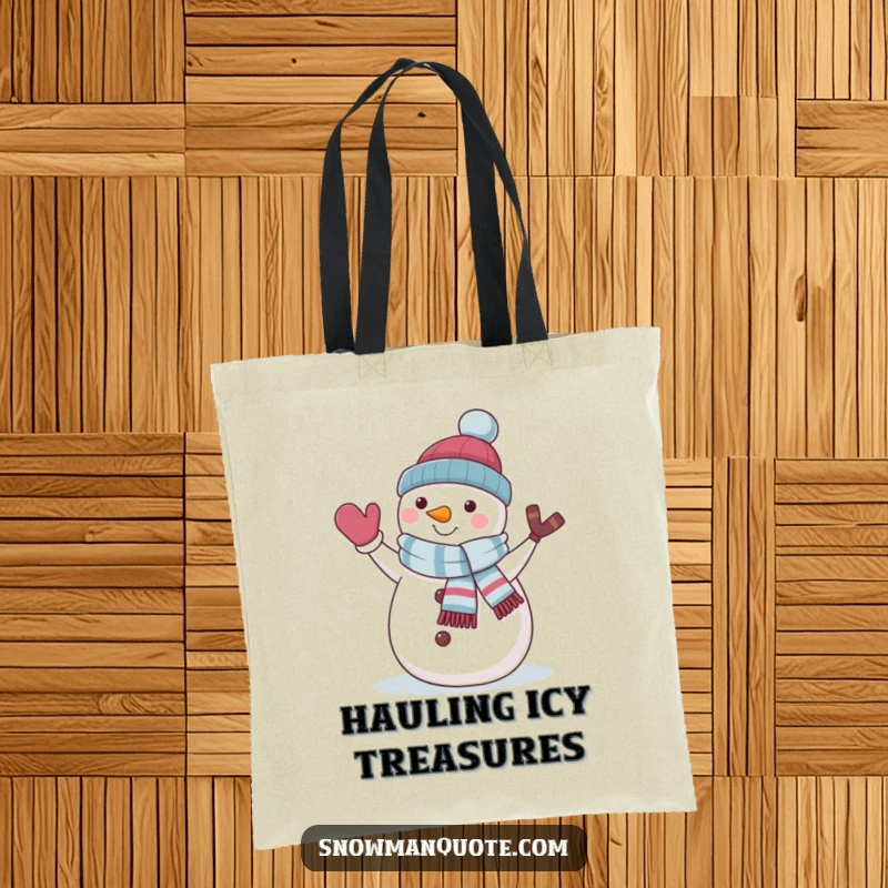 Funny snowman with a jaunty scarf waving hello, printed on a stylish tote bag for everyday use.