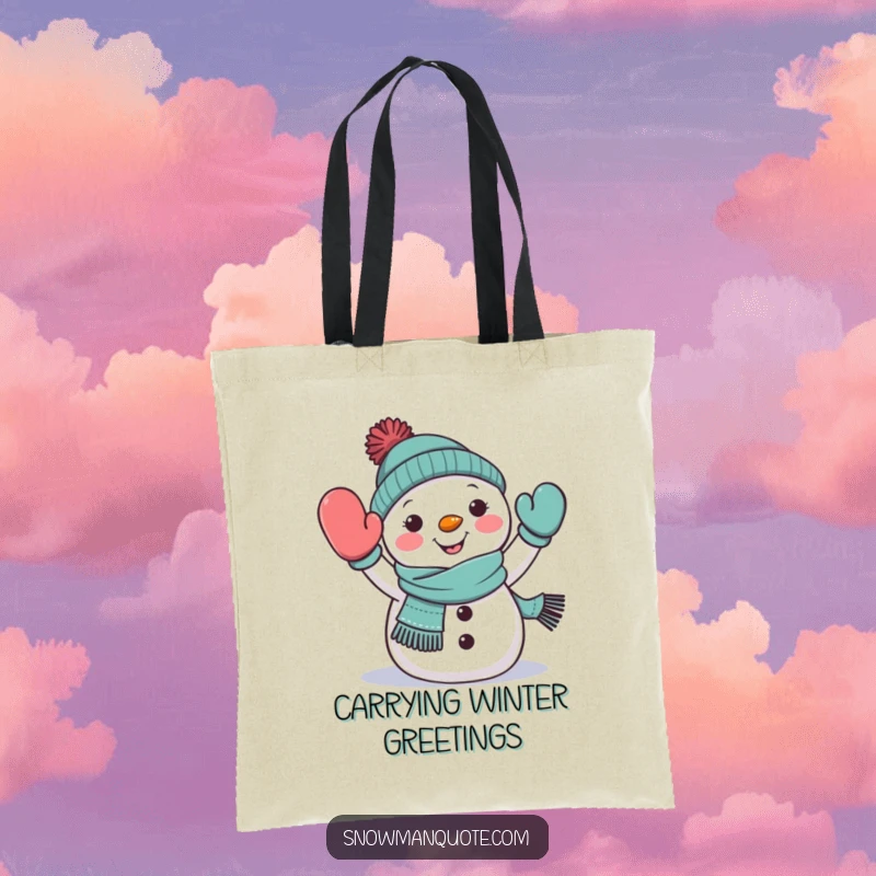 Funny snowman waving tote bag, wearing a scarf, cheerfully extending a mitten, perfect for errands with a smile, gift.