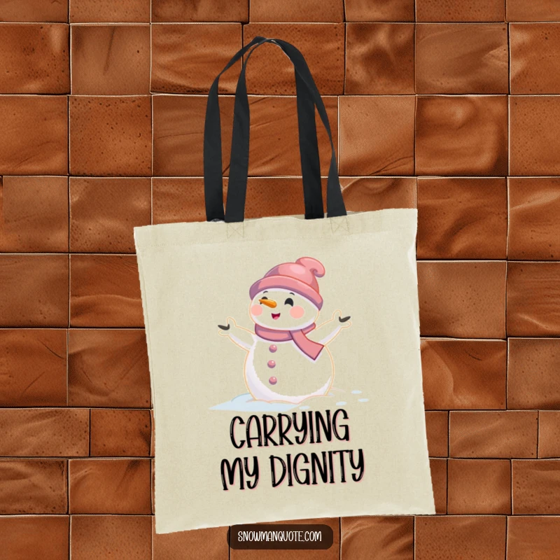 Funny snowman tote bag showing a snowman caught in a gentle wind gust with arms aflutter, perfect for carrying items with humor.