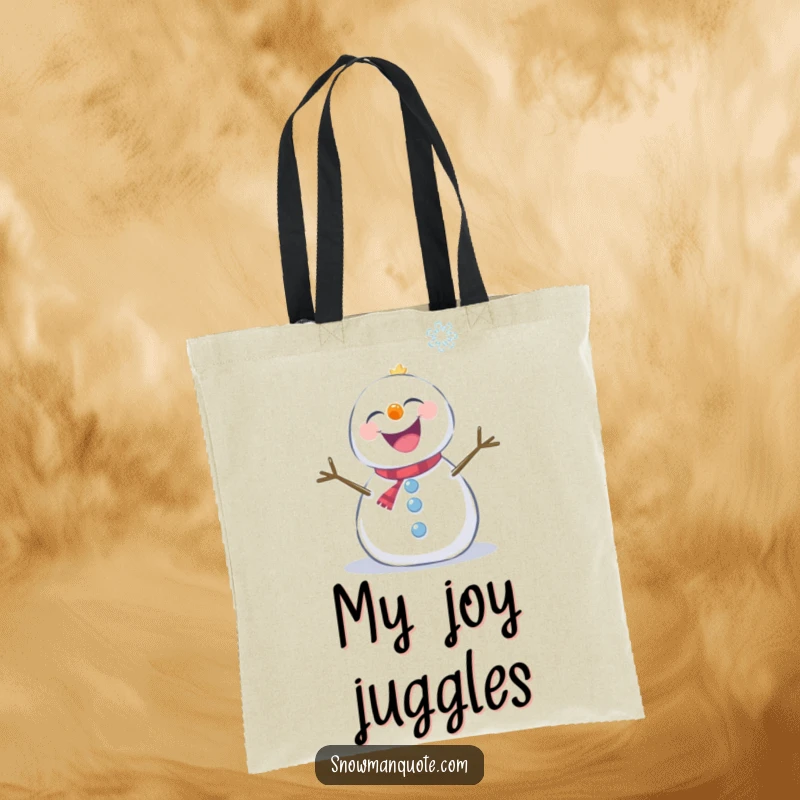 Funny snowman giggling hysterically while being tickled by snowflakes, displayed on a practical tote bag.