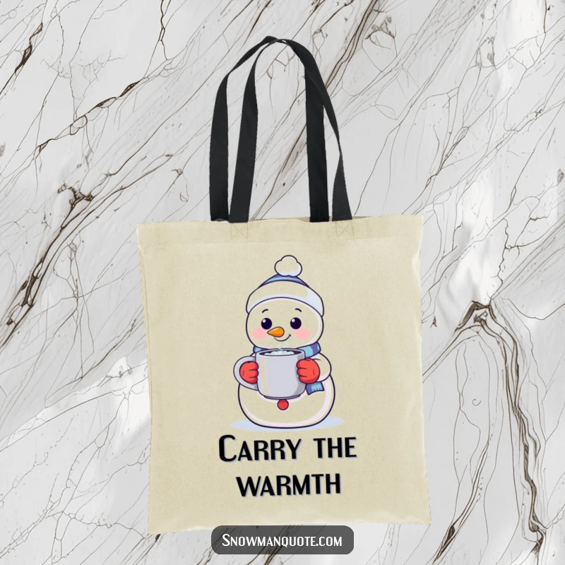 Funny tote bag featuring a smiling snowman holding out a steaming mug, symbolizing warmth and hospitality for everyday use.