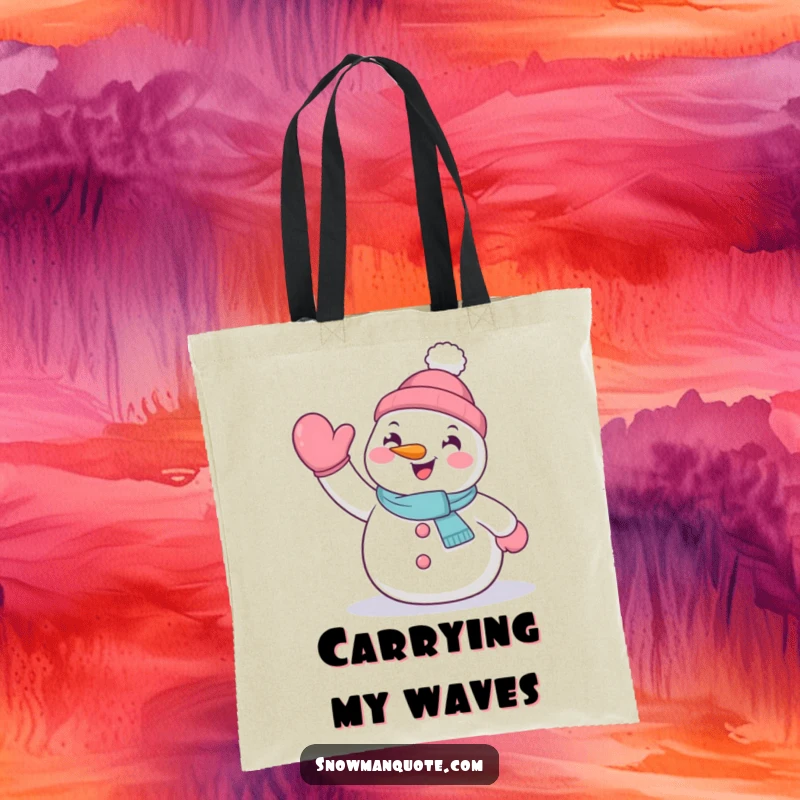 Funny tote bag with a cheerful snowman waving hello with its mitten, perfect for everyday use.