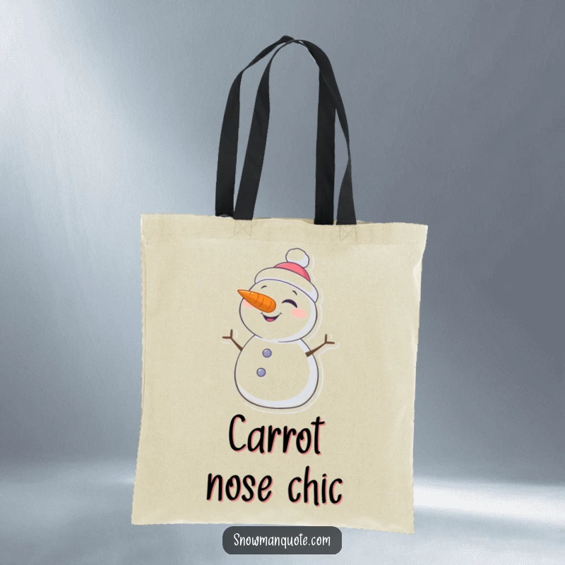 Funny tote bag featuring a charming snowman with a carrot nose giving a playful wink, ideal for carrying groceries or daily essentials.