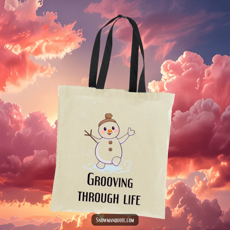 Funny dancing snowman tote bag with twig arms raised, kicking up a snow swirl, ideal for carrying essentials with wintery flair.