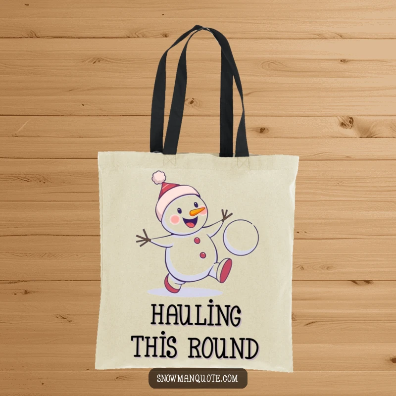 Funny snowman tote bag depicting a winter character enthusiastically chasing a bouncing snowball, perfect for carrying items with humorous winter play.