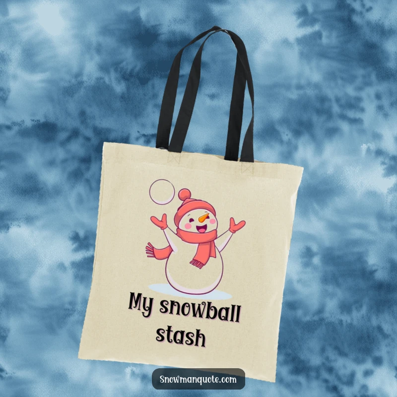 Funny Snowman Tote Bag: A delighted snowman wearing a jaunty scarf catches a flying snowball, perfect for carrying winter treats and essentials.