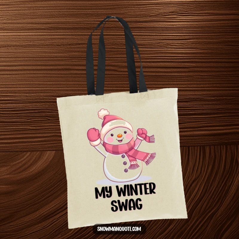 Funny snowman tote bag depicting a cheerful winter character waving a banner from its scarf, perfect for carrying items with humorous holiday spirit.