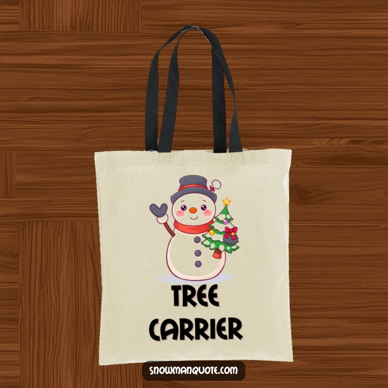 Funny Proud Snowman Tree Tote Bag depicting a beaming snowman proudly presenting a small, decorated Christmas tree.