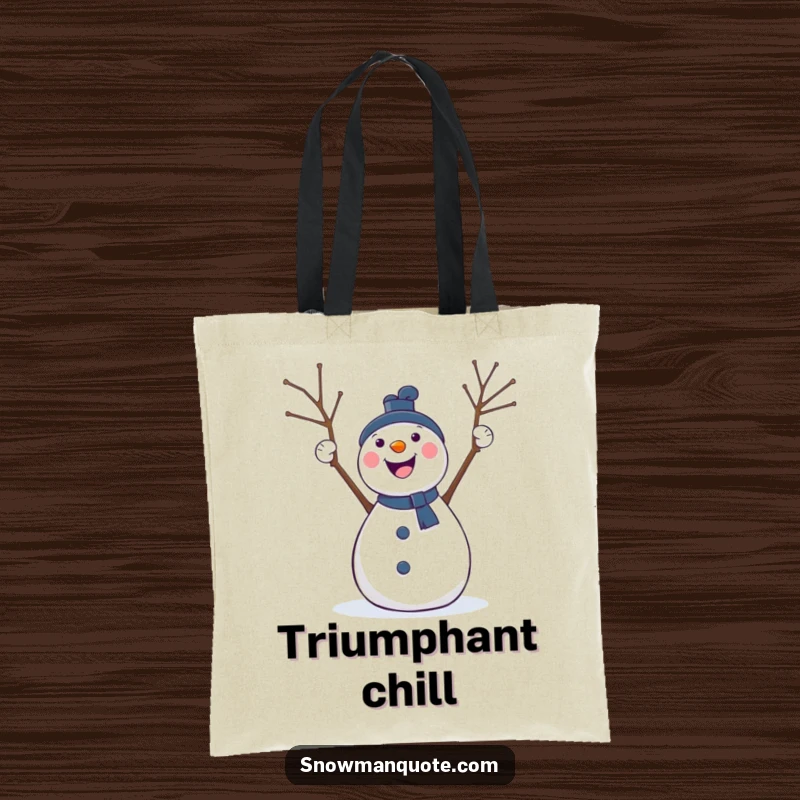 Funny tote bag illustrating a jubilant snowman with twig arms raised, cheering loudly, perfect for carrying everyday items with a smile.