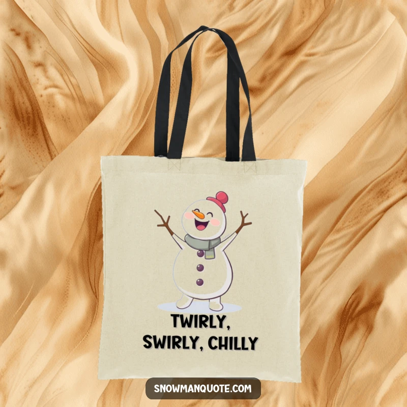 Funny tote bag featuring a cheerful snowman performing a lively jig with its twig arms in motion. Ideal for carrying essentials with a dose of fun.